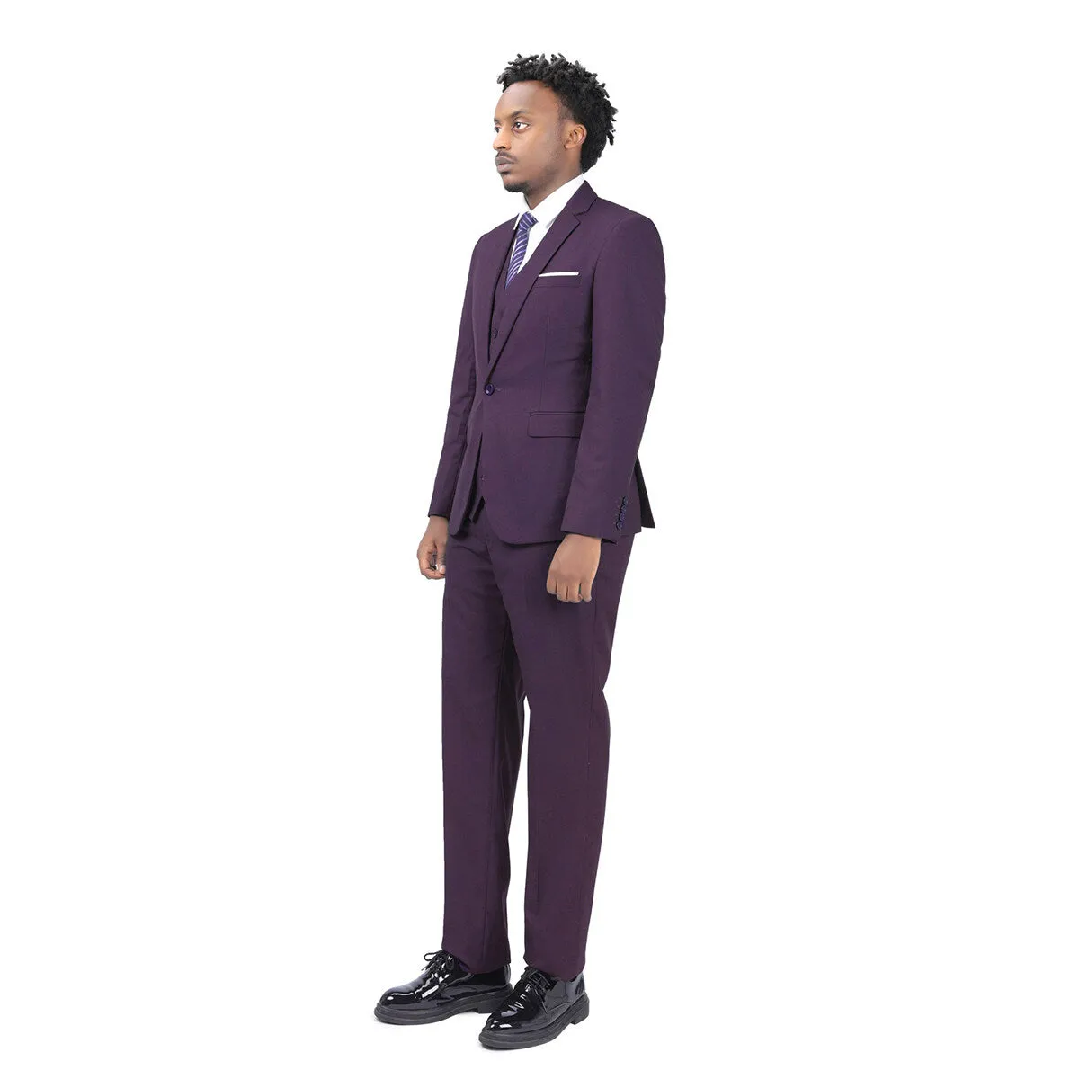 3-Piece One Button Formal Suit Dark Purple Suit