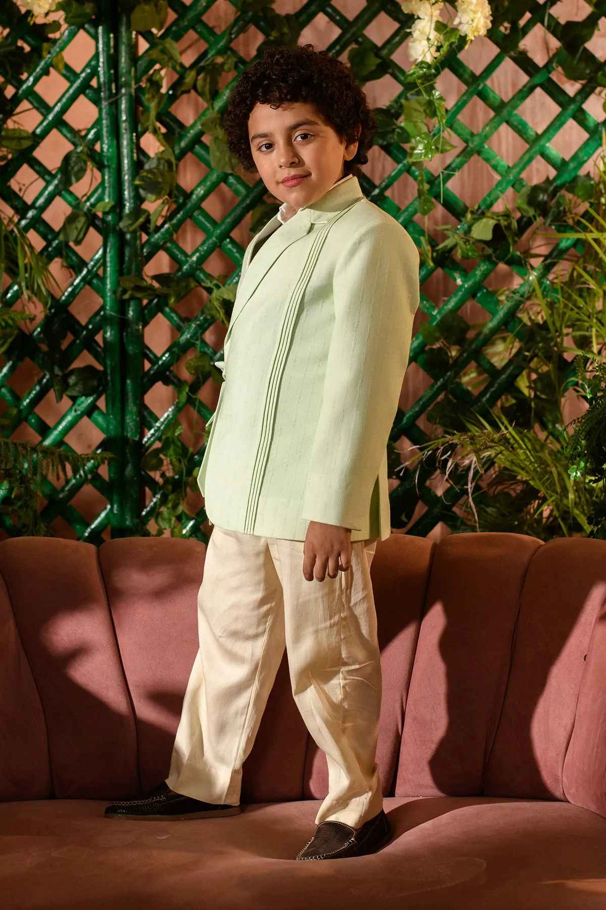 Afna  - 
 Pastel Green Blazer Paired With Vegan Silk  Trouser Set