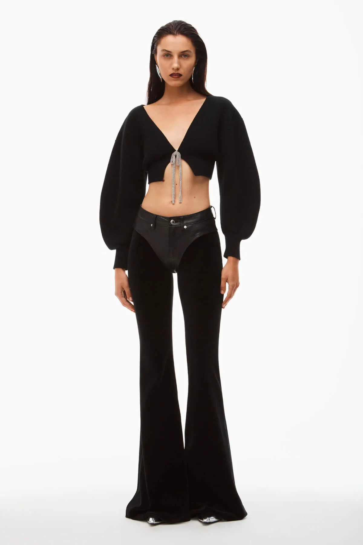 Alexander Wang Crystal Tie V-Neck Cropped Cardigan - Black