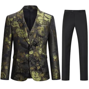 Allover Floral Print Suit 3-Piece Olive Suit