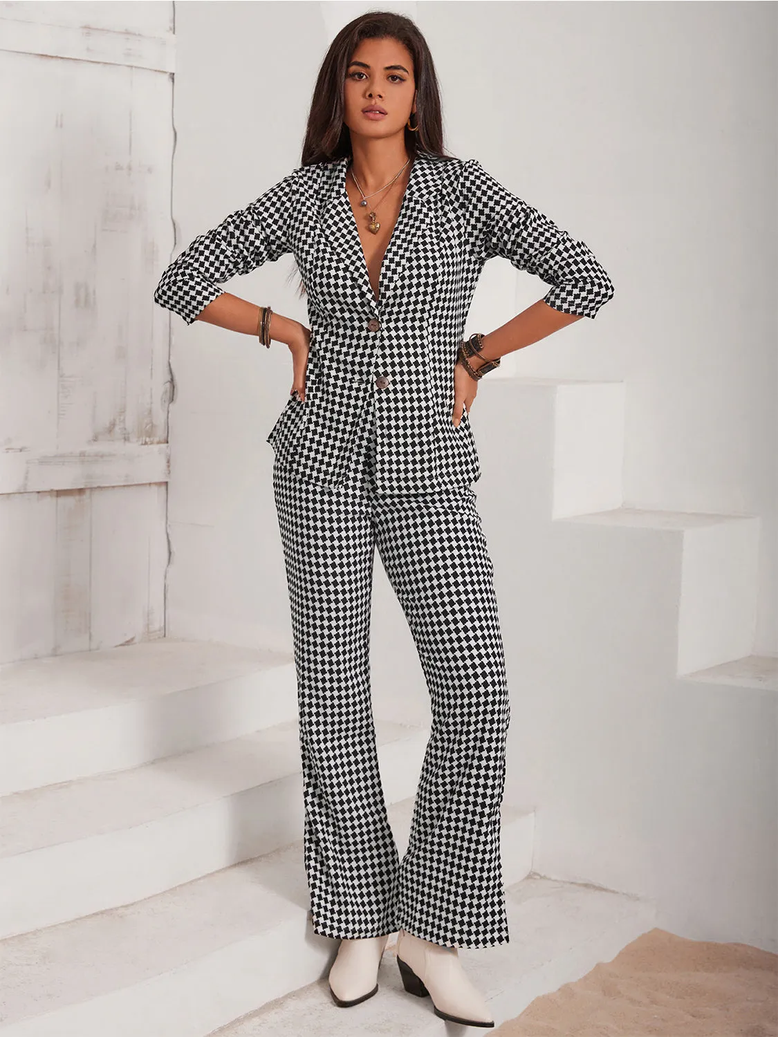 Ana Lisa Checkered Blazer & Slit Pants Set