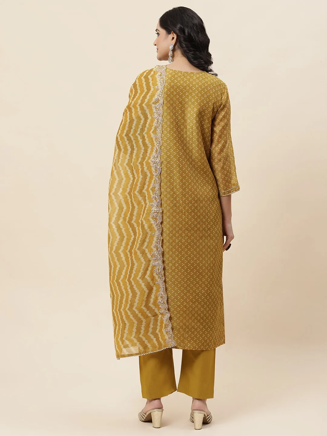 Bandhani Printed Chanderi Kurta With Pants & Dupatta