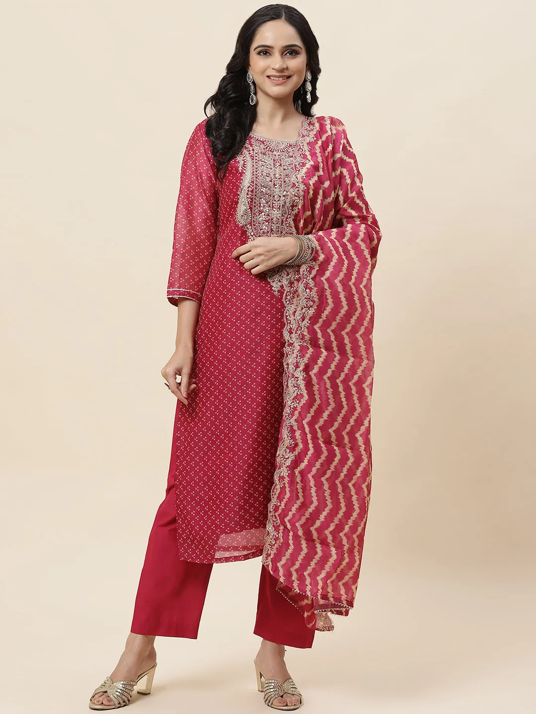 Bandhani Printed Chanderi Kurta With Pants & Dupatta