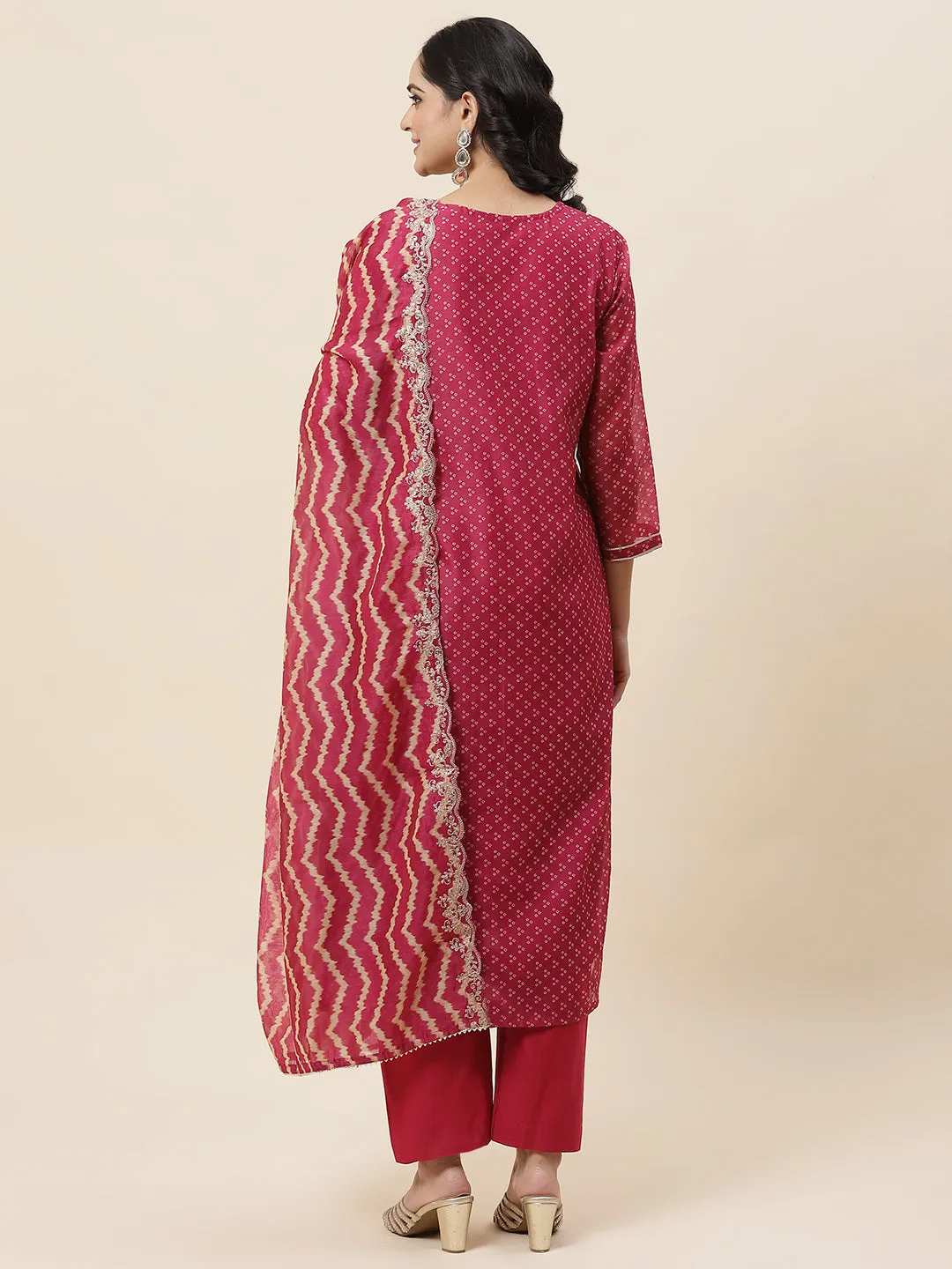 Bandhani Printed Chanderi Kurta With Pants & Dupatta