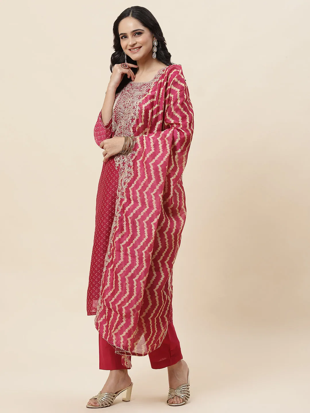 Bandhani Printed Chanderi Kurta With Pants & Dupatta