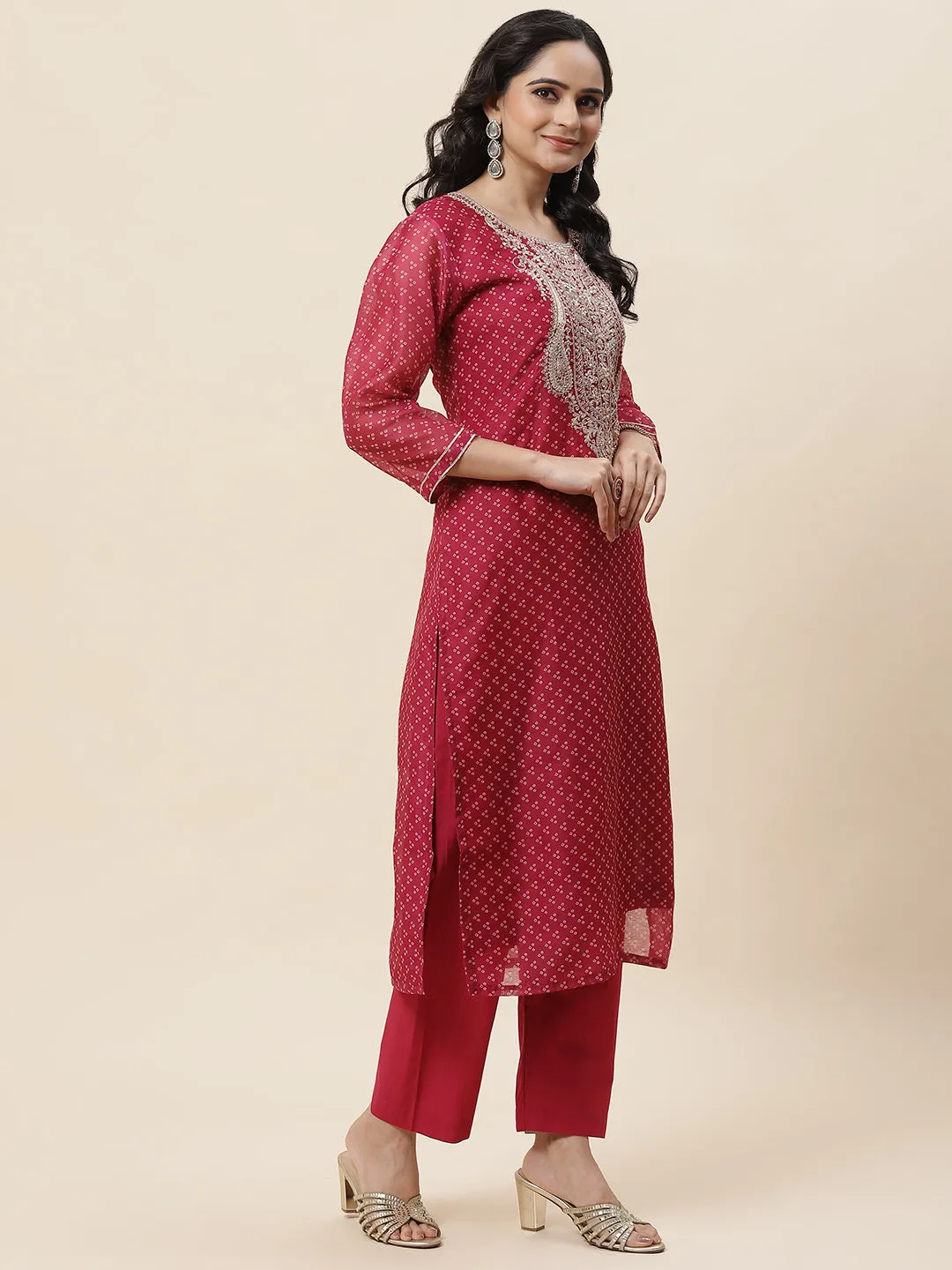 Bandhani Printed Chanderi Kurta With Pants & Dupatta