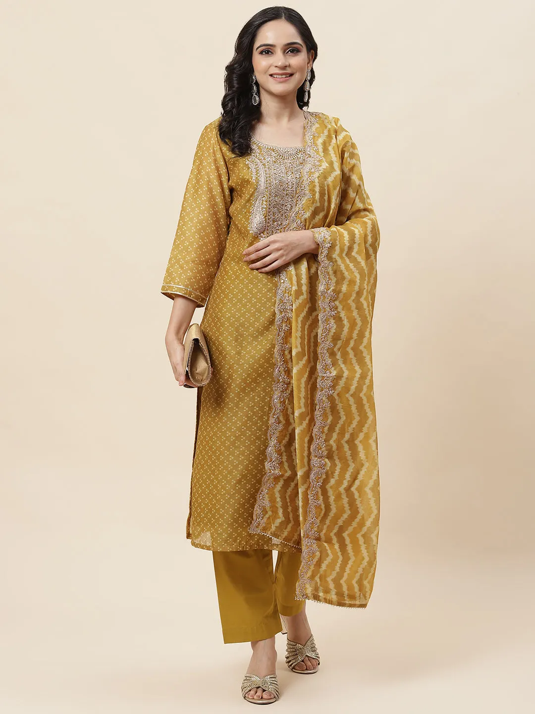 Bandhani Printed Chanderi Kurta With Pants & Dupatta