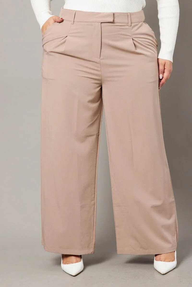 Beige Wide Leg Pants High Waist