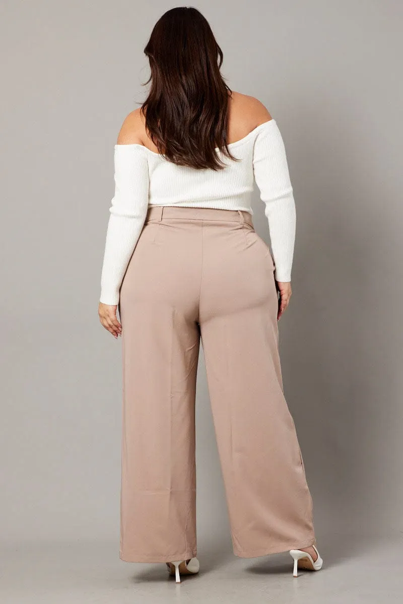 Beige Wide Leg Pants High Waist