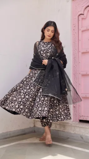 Black Jaal Handblock Cotton Anarkali with Organza gota work Dupatta