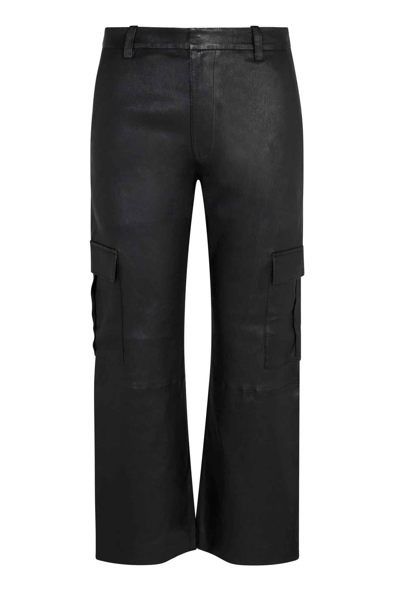 Black Leather Cropped Baggy Cargo Pants