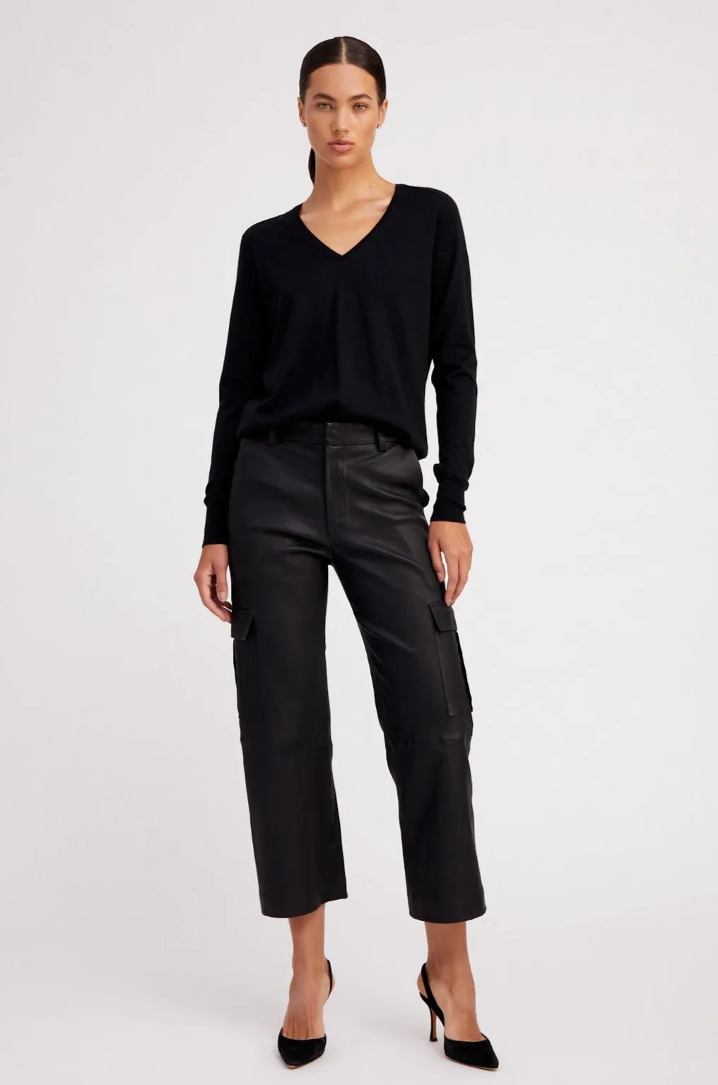 Black Leather Cropped Baggy Cargo Pants