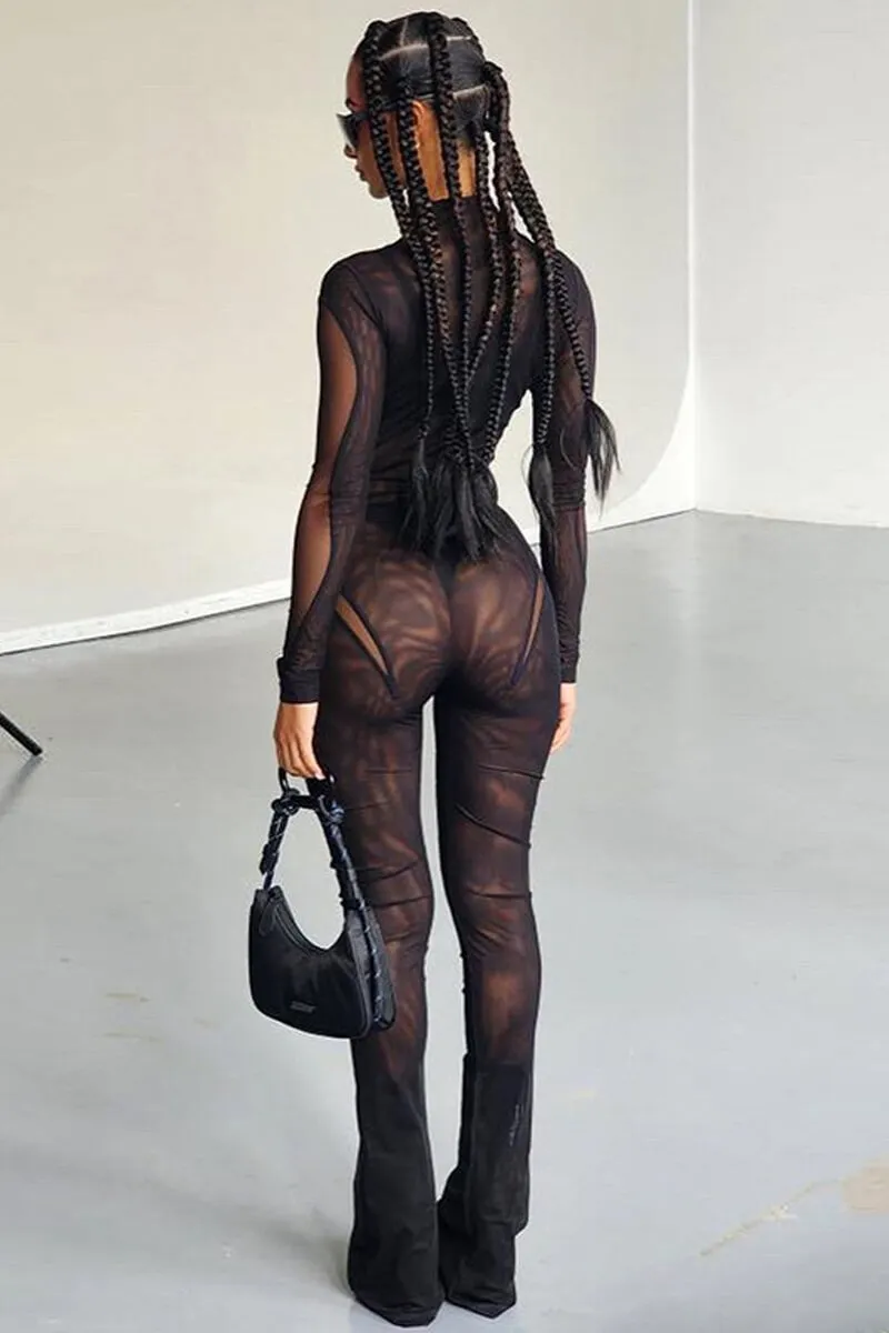 Black Long Sleeve Sheer Mesh Top And Flare Pants Set