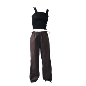 Black Ruffle Top & Brown Parachute Pants