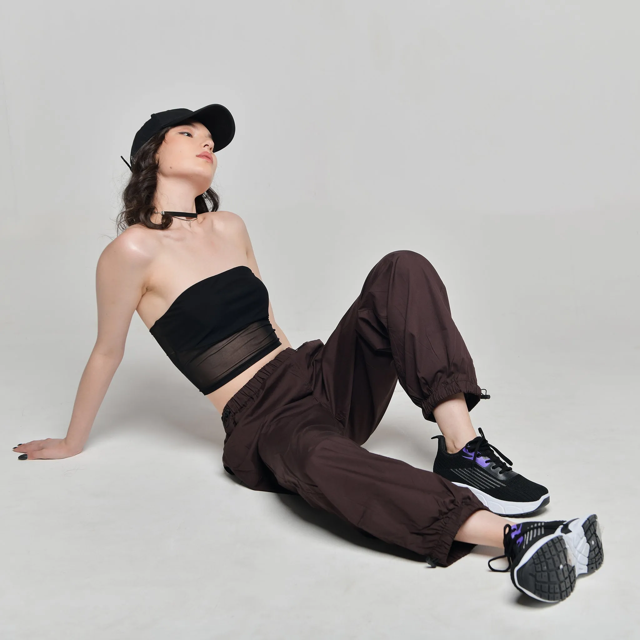 Black Tube Top & Brown Parachute Pants