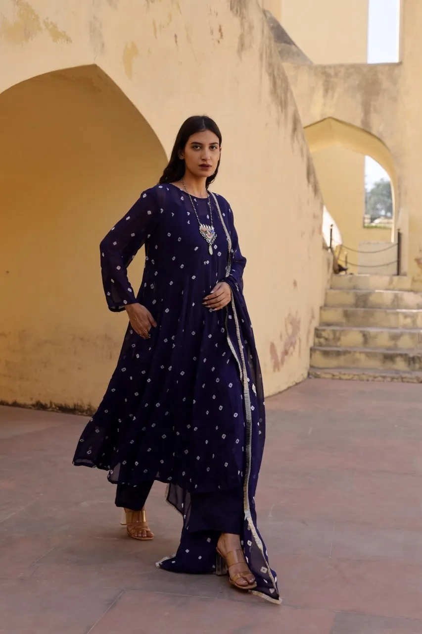 Blue tie and dye bhandhej anarkali