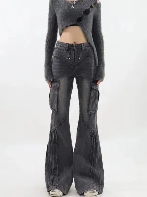 Cargo Flared Jeans Women Vintage Oversize Zip Wide Leg Denim Pants