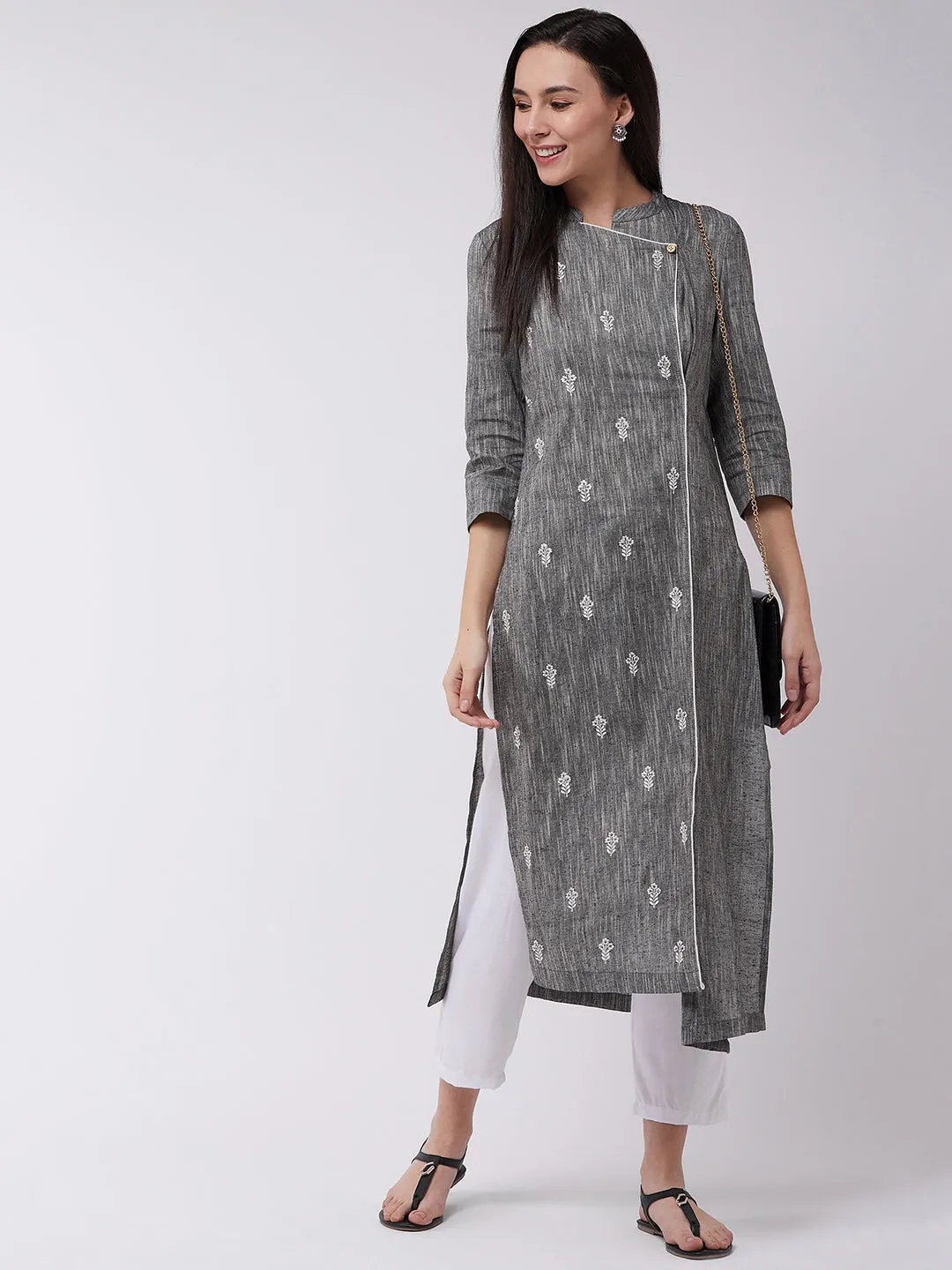 Chambray Embroidered Kurta With Overlap Angarkha Style