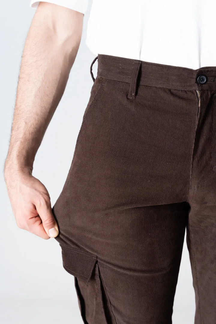 Coffee Brown Corduroy Stretch Cargo Pants