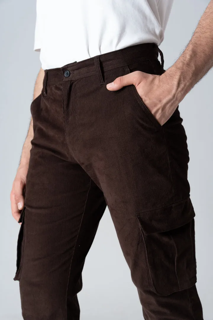 Coffee Brown Corduroy Stretch Cargo Pants