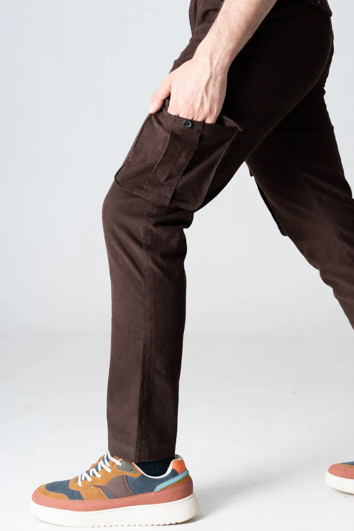 Coffee Brown Corduroy Stretch Cargo Pants