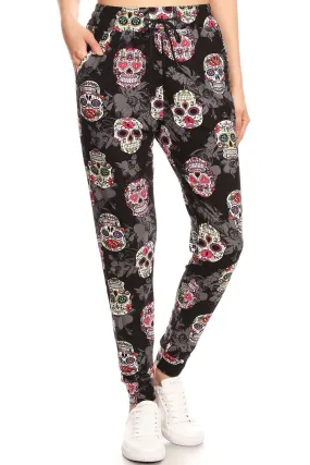 Colored Sugar Skull Print Soft Lounge Jogger Pants