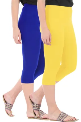 Combo Pack Of 2 Skinny Fit 3/4 Capris Leggings For Women Royal Blue Lemon Yellow