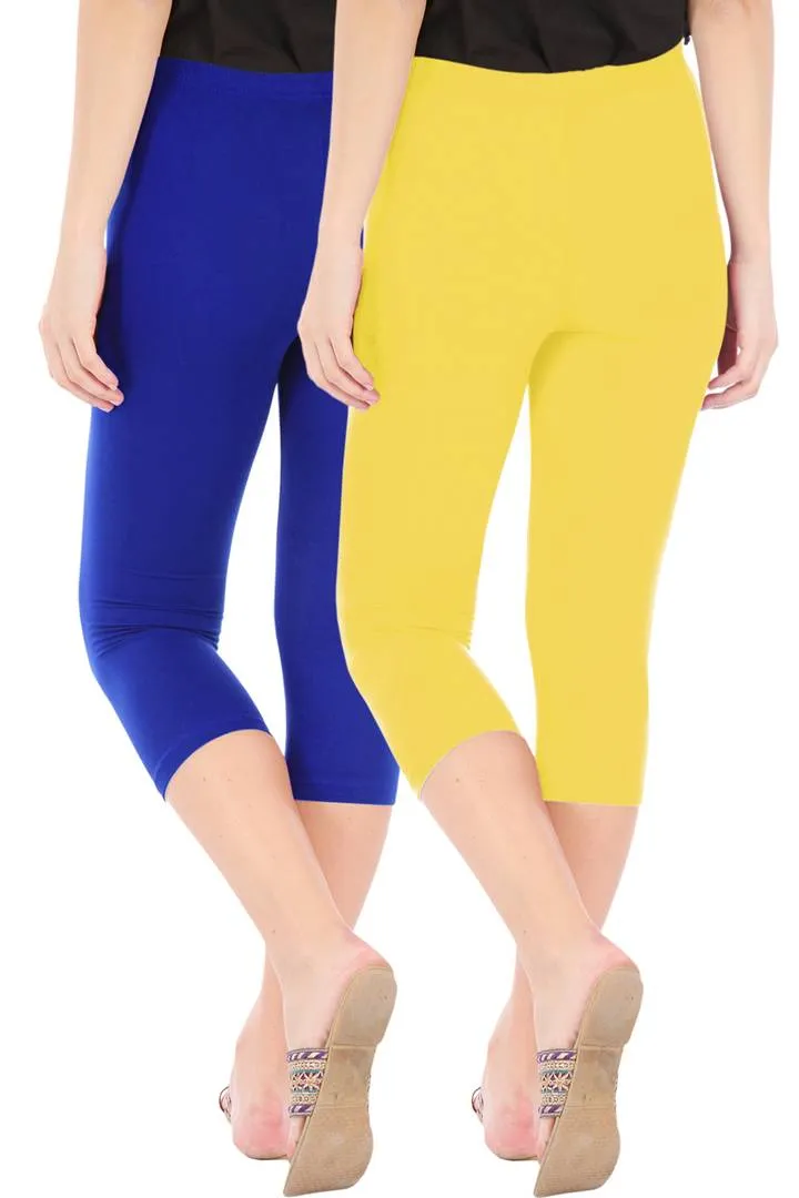 Combo Pack Of 2 Skinny Fit 3/4 Capris Leggings For Women Royal Blue Lemon Yellow