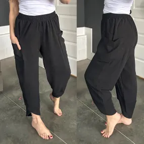 Cropped Tulip Hem Dressy Cargo Pants In Jet Black