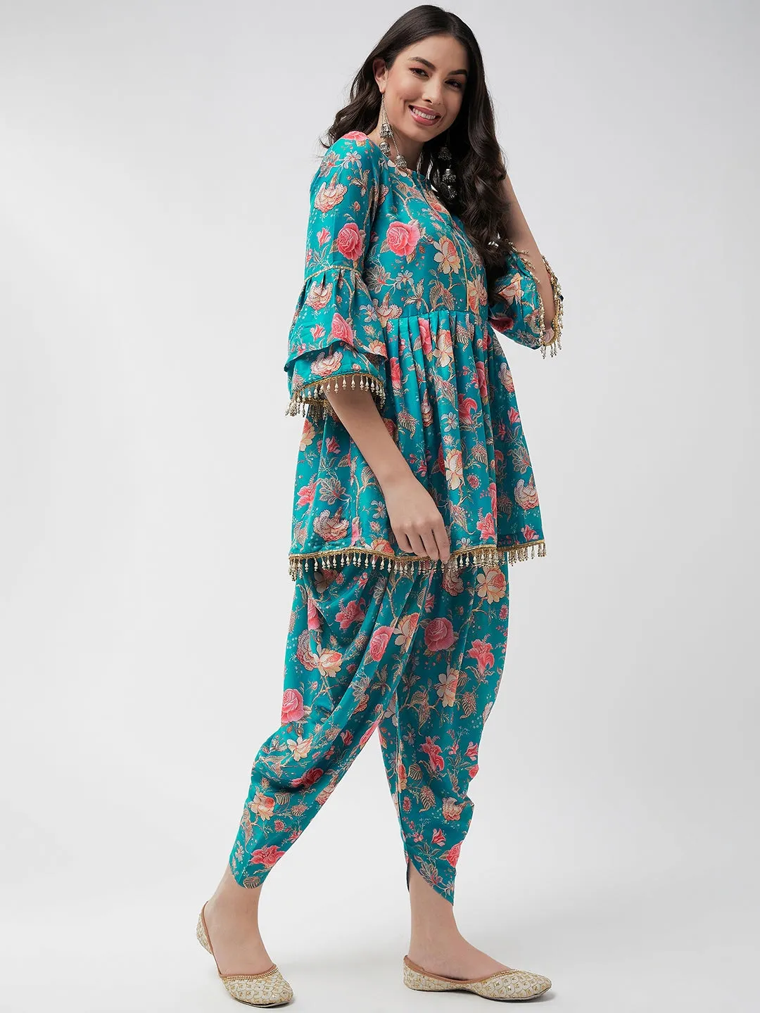 Digital Printed Short Empire-Cut Kurta With Drop Lace Details And Dhoti Pant Set