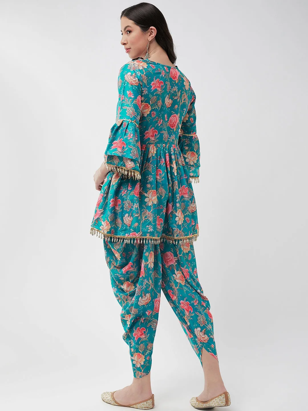 Digital Printed Short Empire-Cut Kurta With Drop Lace Details And Dhoti Pant Set