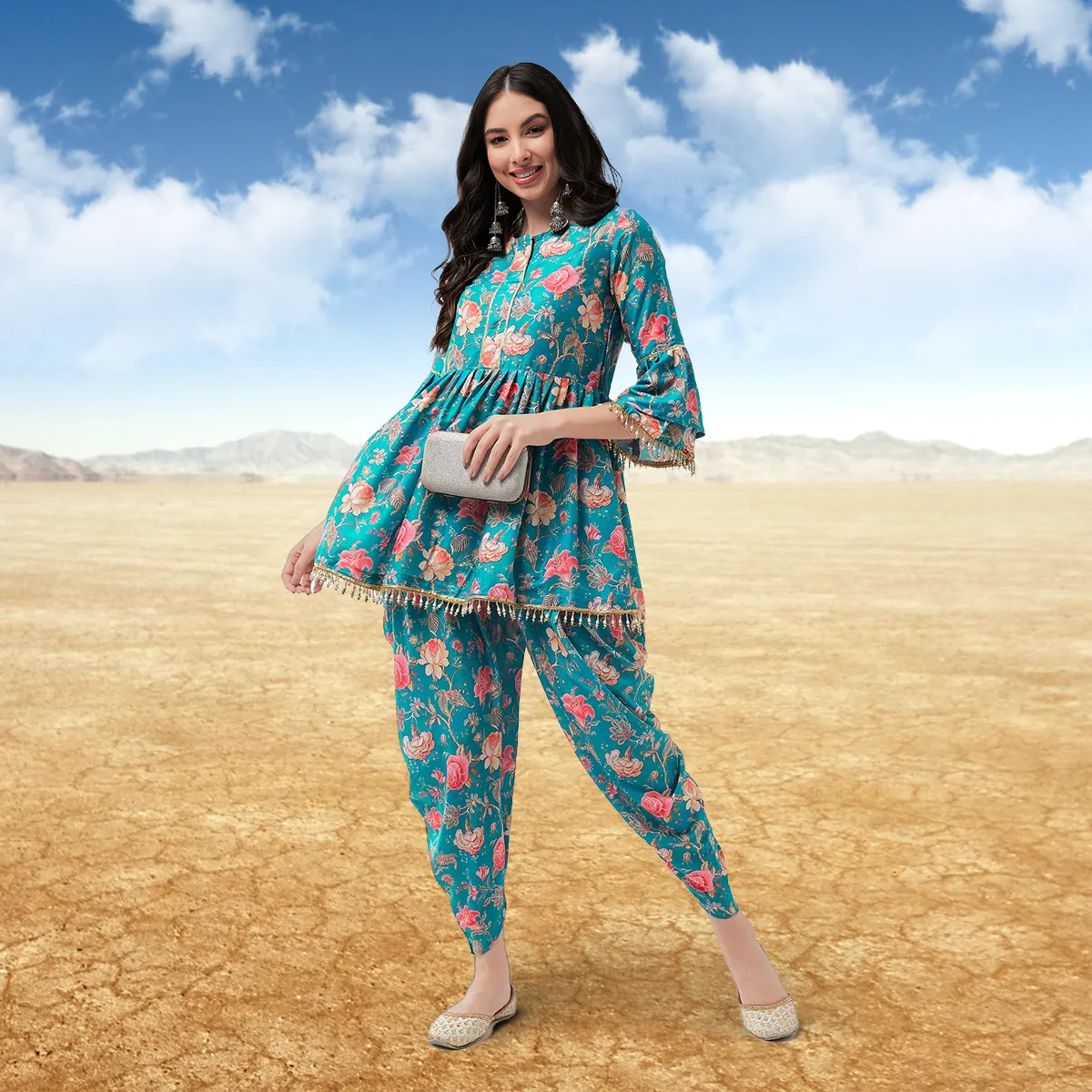 Digital Printed Short Empire-Cut Kurta With Drop Lace Details And Dhoti Pant Set