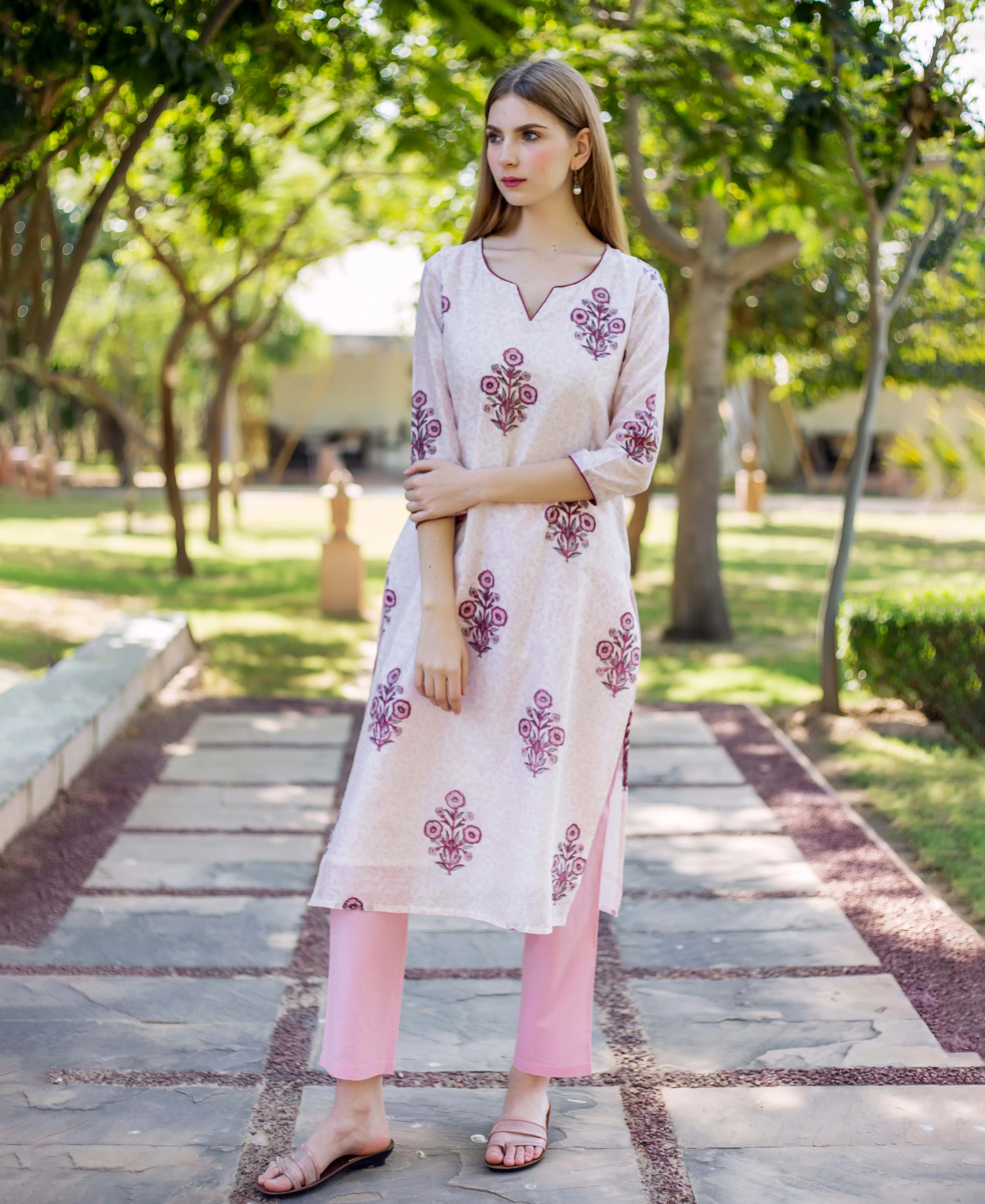 Dua White & Pink Block Printed Kurta