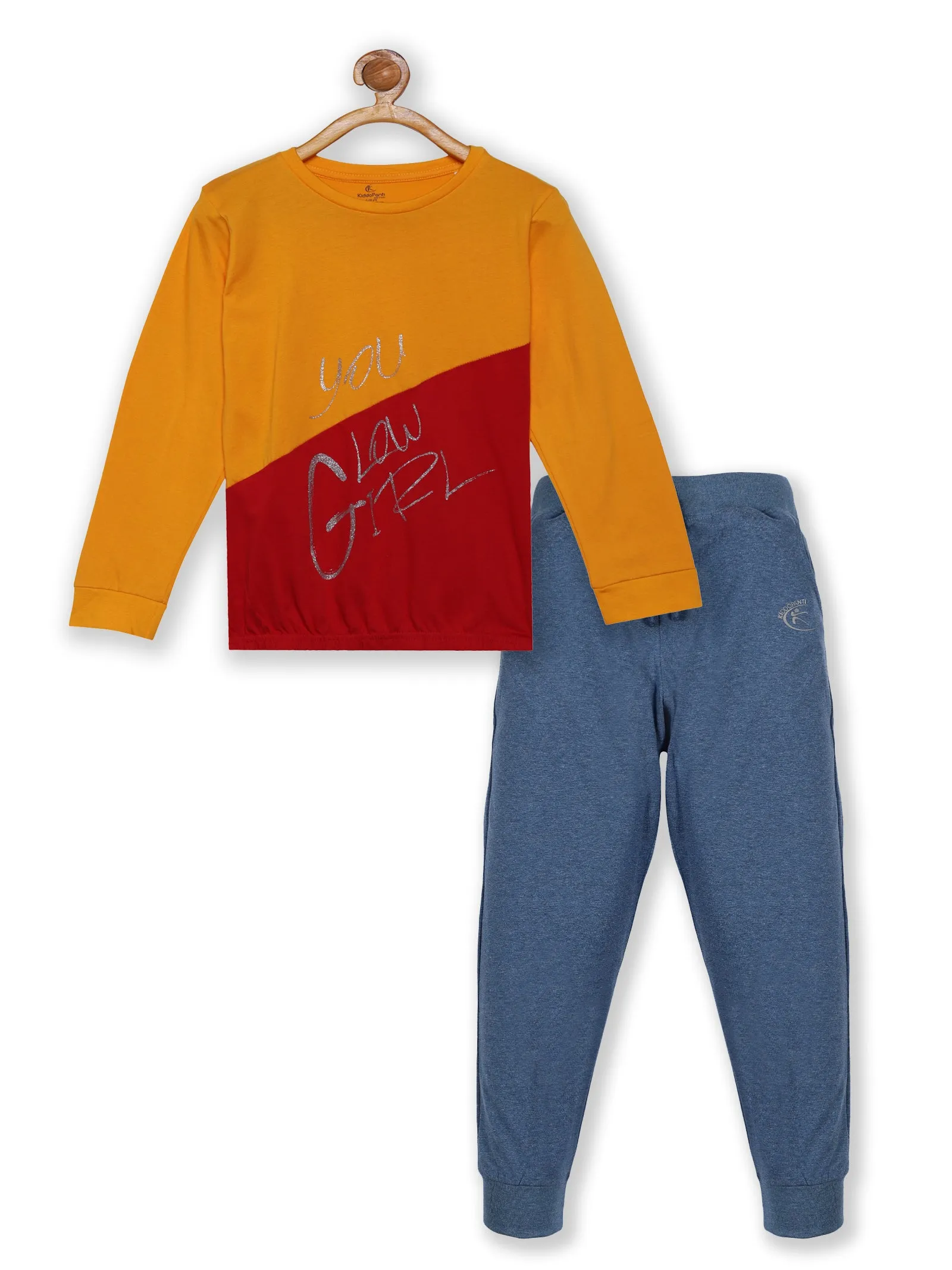 Girls Printed Cut & Sew Tee & Solid Track Pant Set