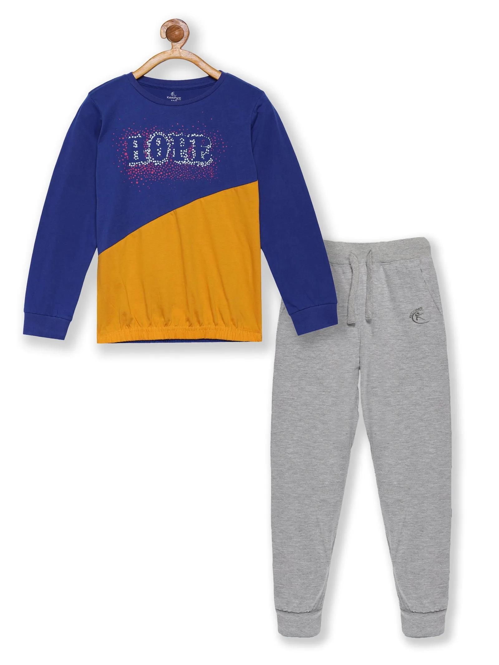 Girls Printed Cut & Sew Tee & Solid Track Pant Set