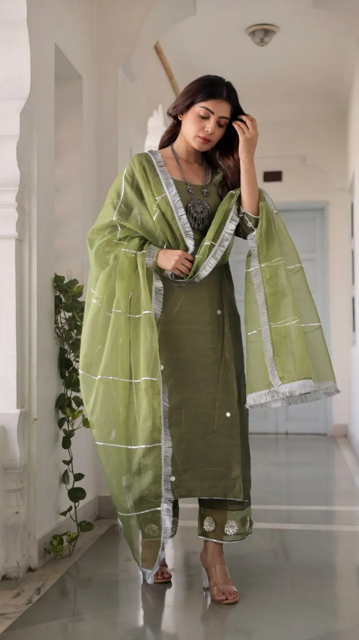 Green mirror gota patti work straight set