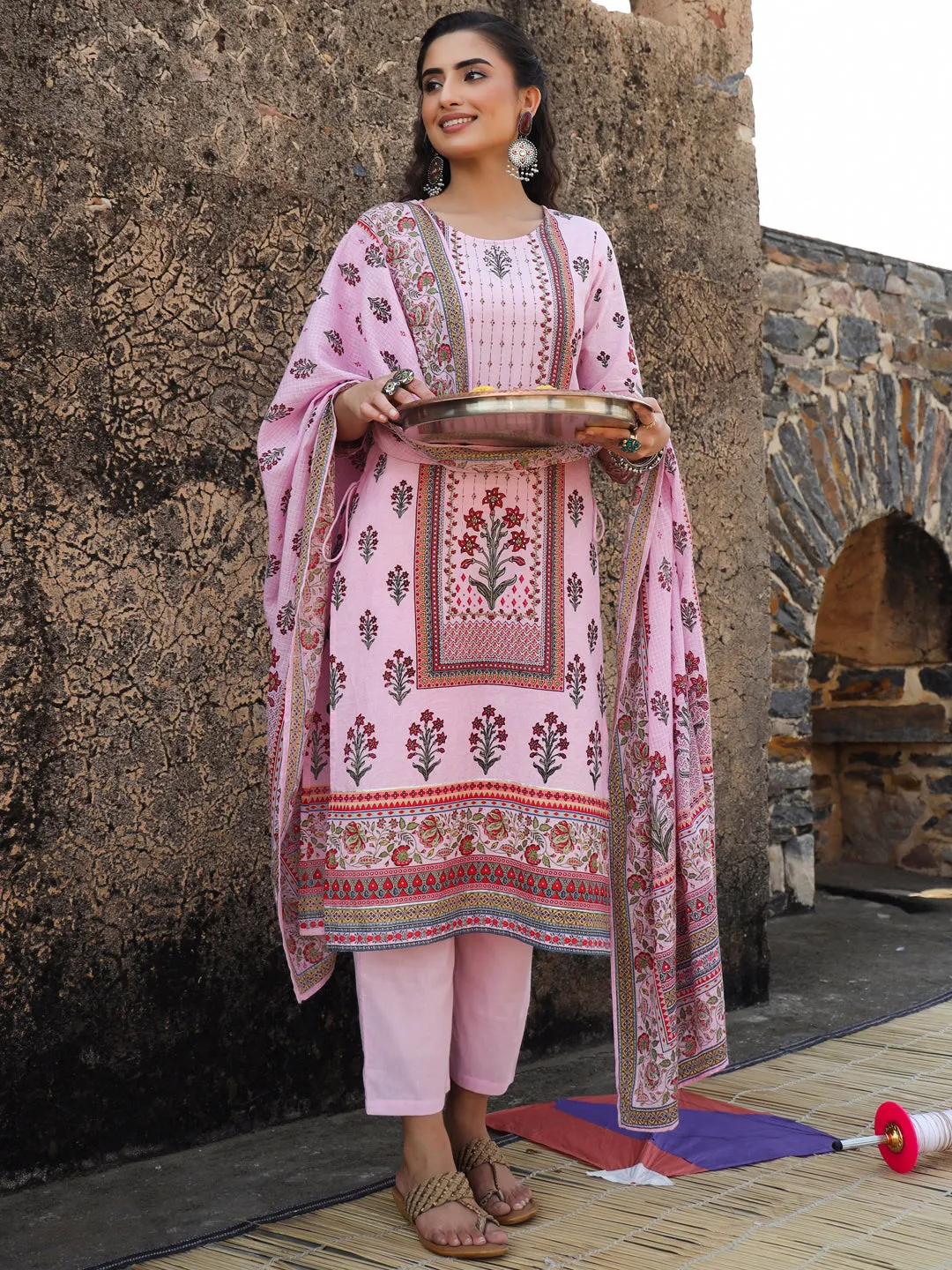 Juniper Lilac Ethnic Motif Printed Pure Cotton Kurta, Pants & Kota Doria Dupatta Set With beads & Sequins