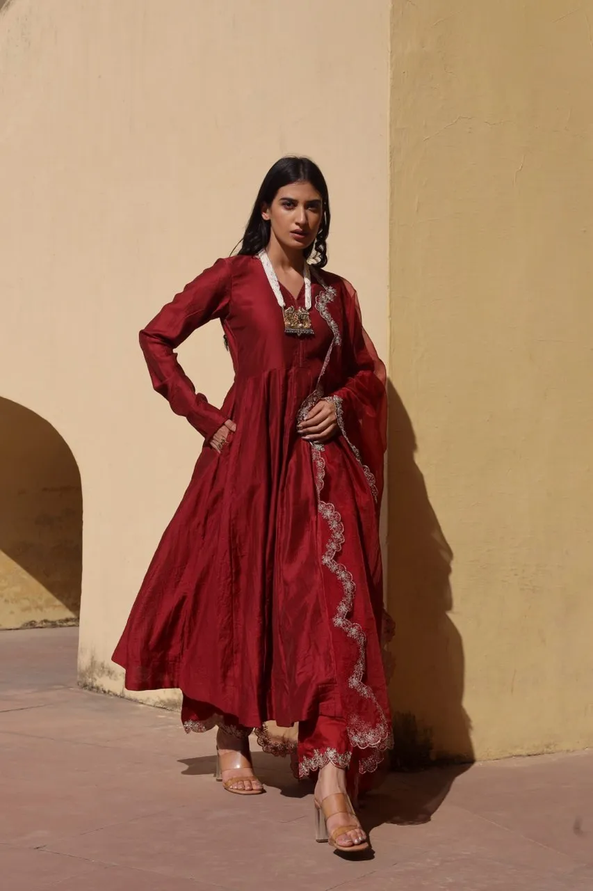 Maroon zari work chanderi anarkali set