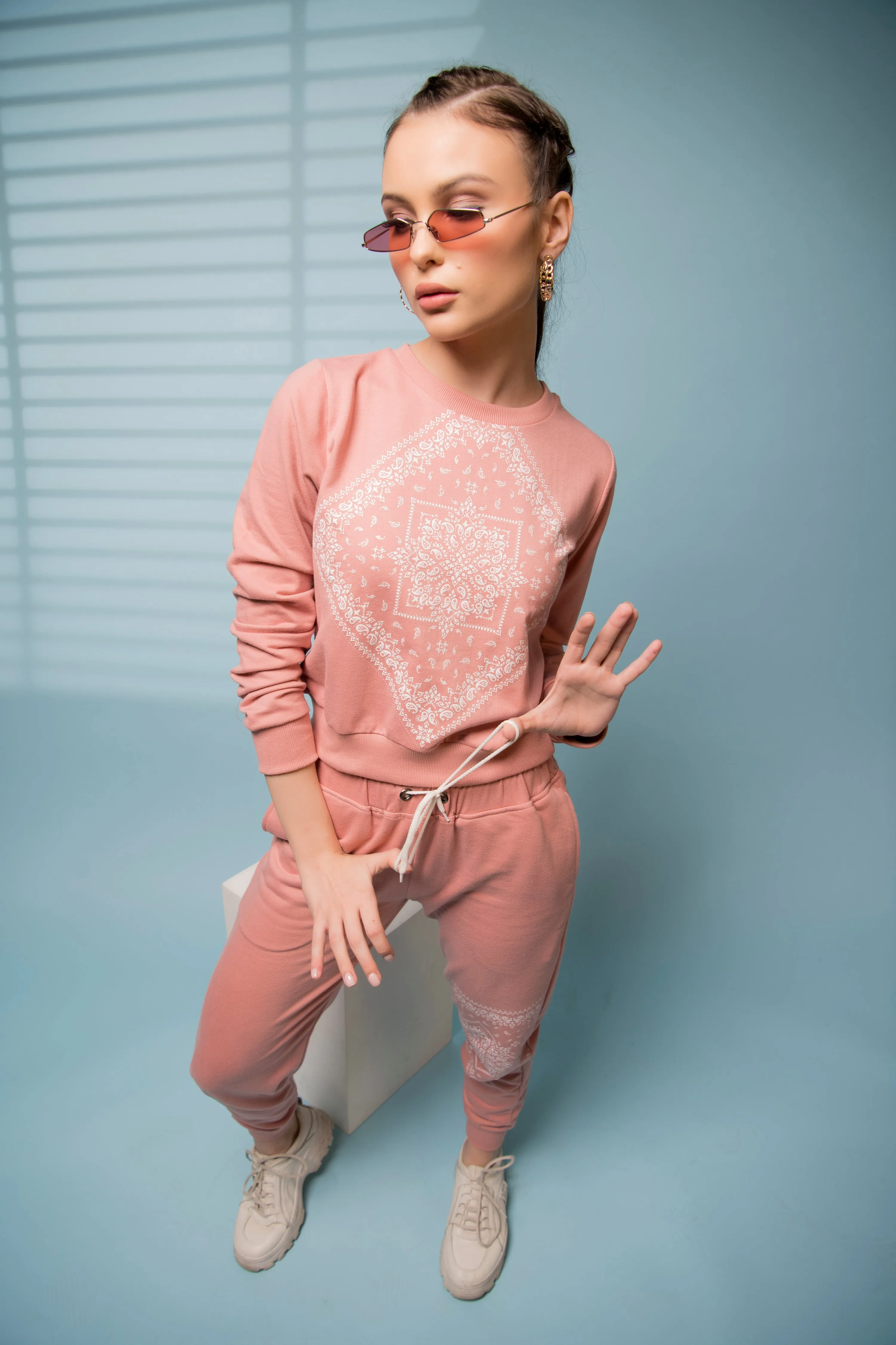 Peach Printed Round Neck Terry Track Suit