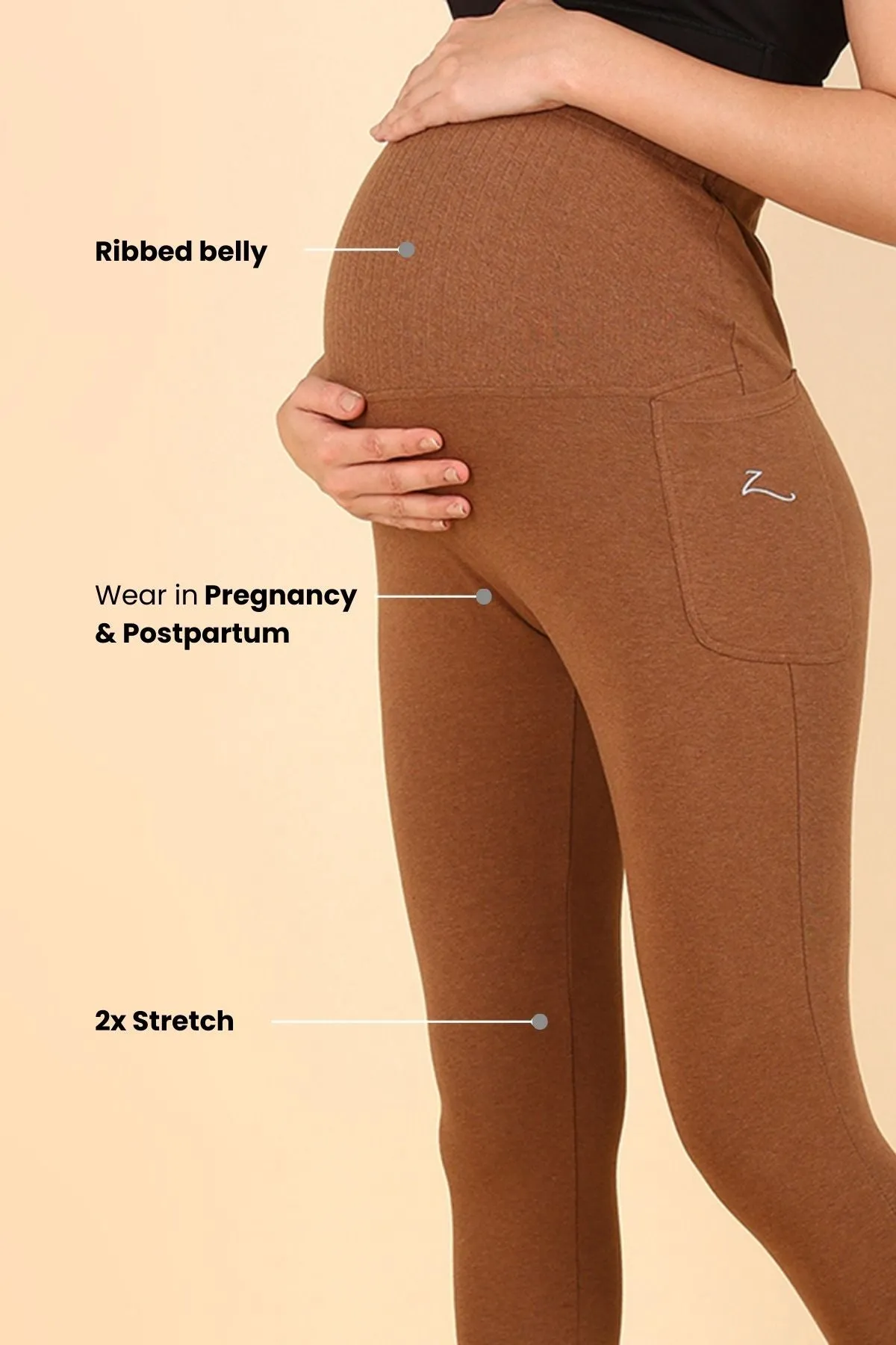 Ribbed Cotton Melange Brown Maternity Legging (Pregnancy & Postpartum)