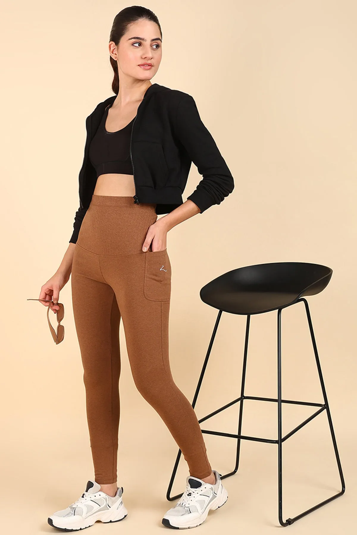 Ribbed Cotton Melange Brown Maternity Legging (Pregnancy & Postpartum)