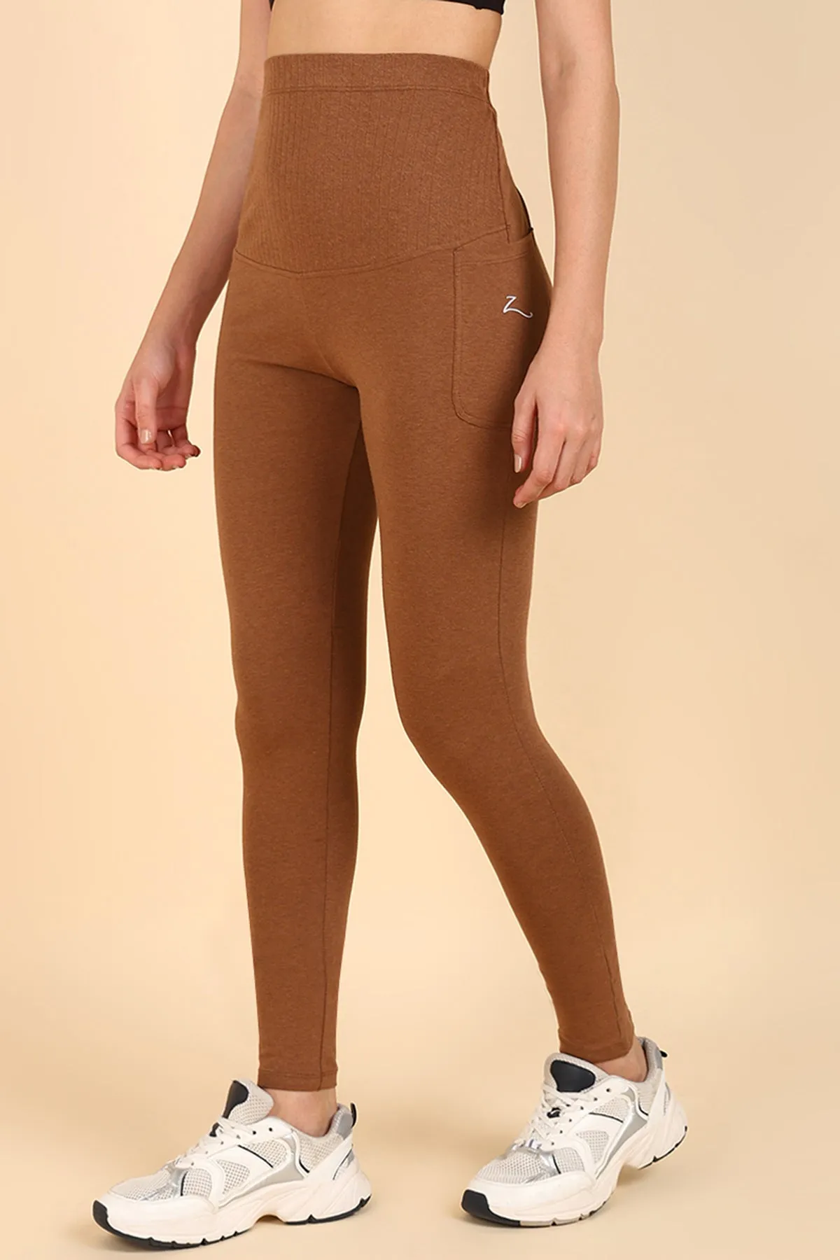 Ribbed Cotton Melange Brown Maternity Legging (Pregnancy & Postpartum)