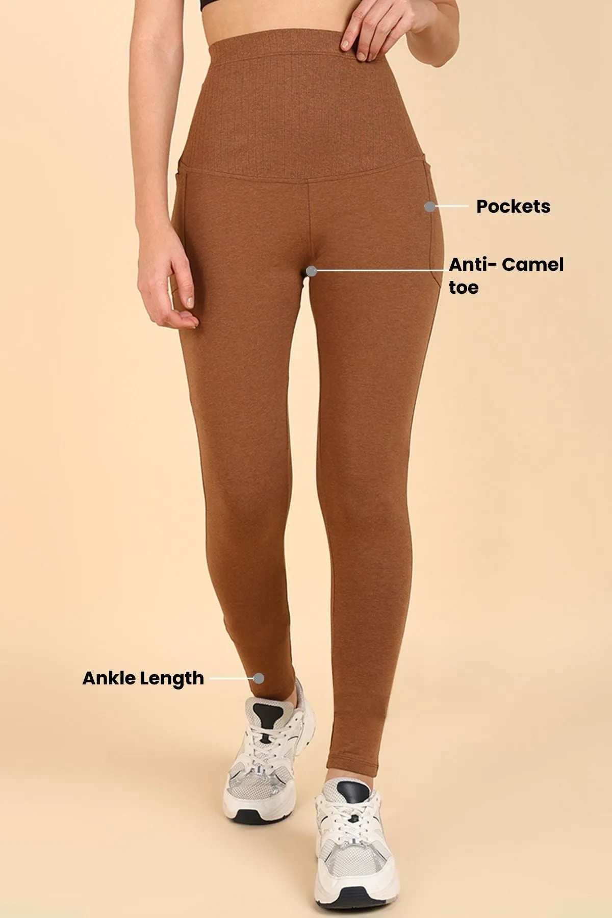 Ribbed Cotton Melange Brown Maternity Legging (Pregnancy & Postpartum)