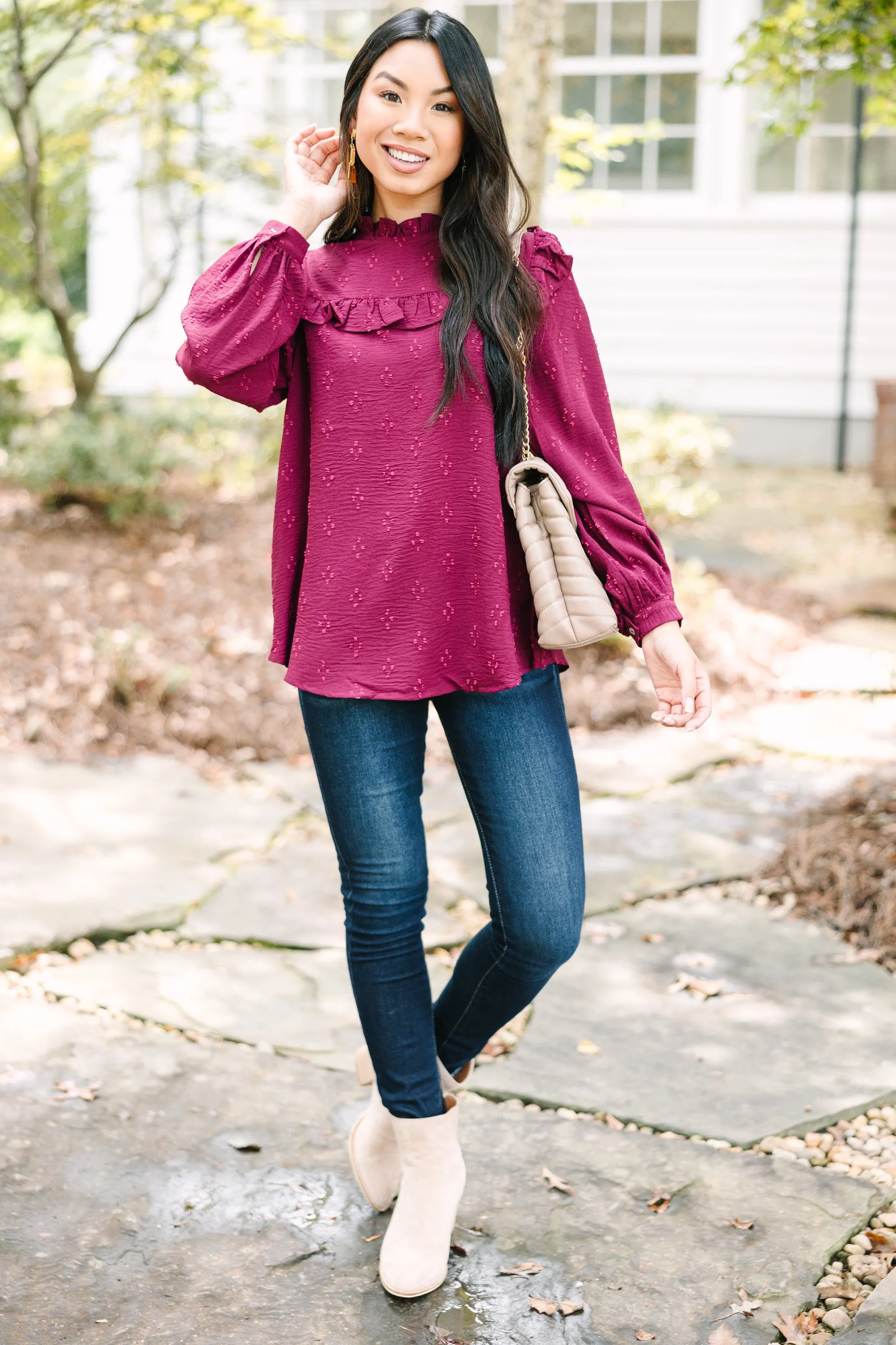 Romantic History Burgundy Red Ruffled Blouse