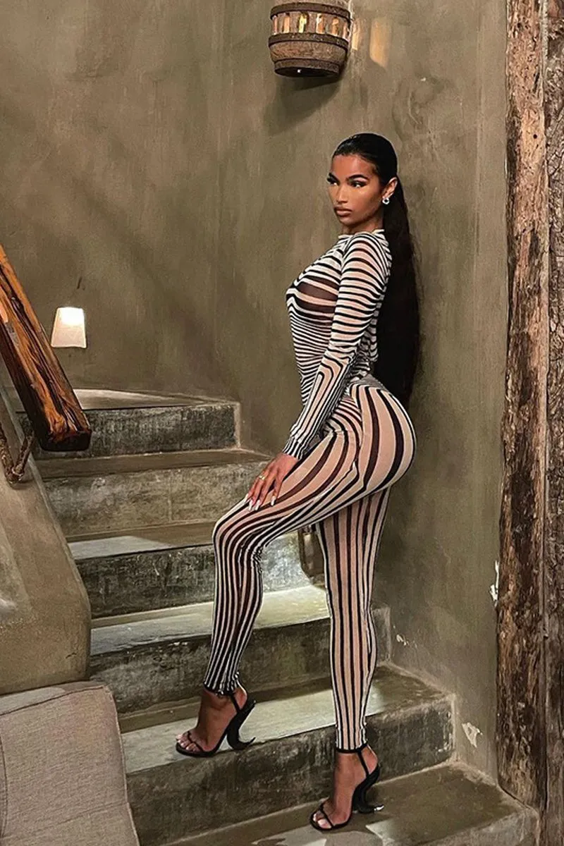 Striped Mesh Long Sleeve Two Piece Pants Set