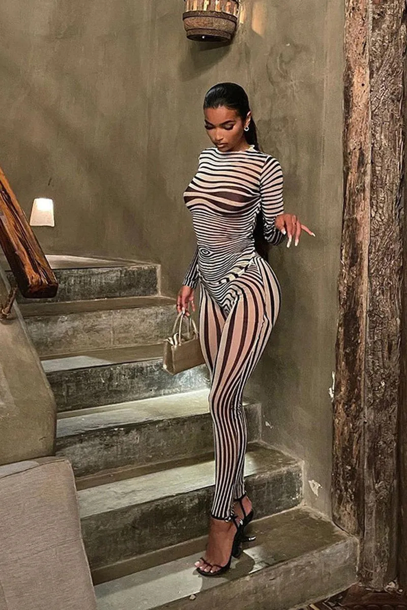 Striped Mesh Long Sleeve Two Piece Pants Set