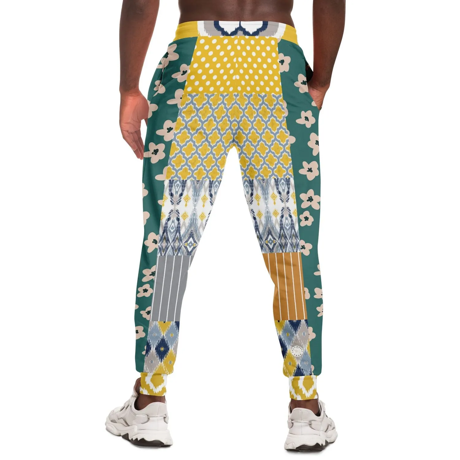 Tallulah Bankhead Yellow Ikat Patchwork Unisex Fleece Joggers