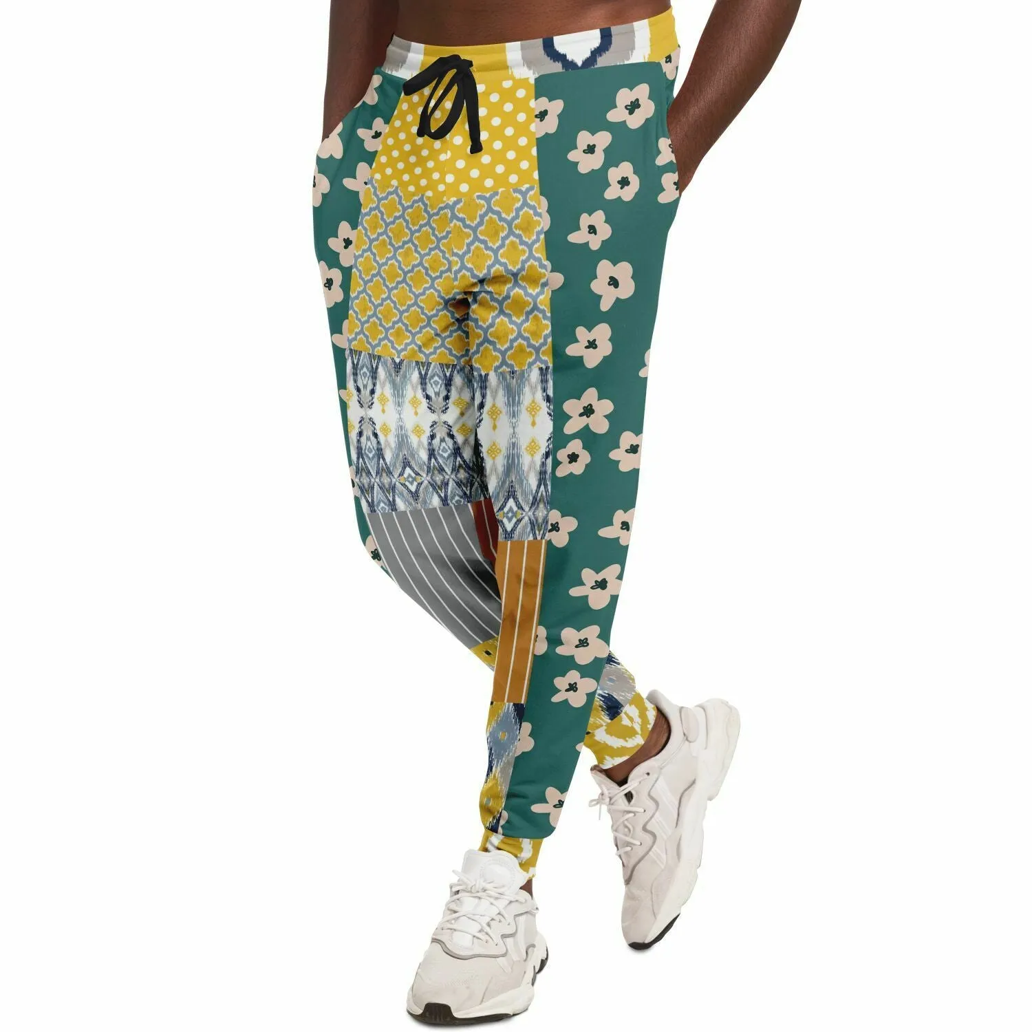 Tallulah Bankhead Yellow Ikat Patchwork Unisex Fleece Joggers