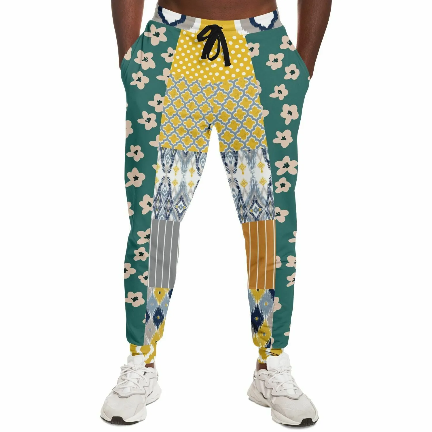 Tallulah Bankhead Yellow Ikat Patchwork Unisex Fleece Joggers