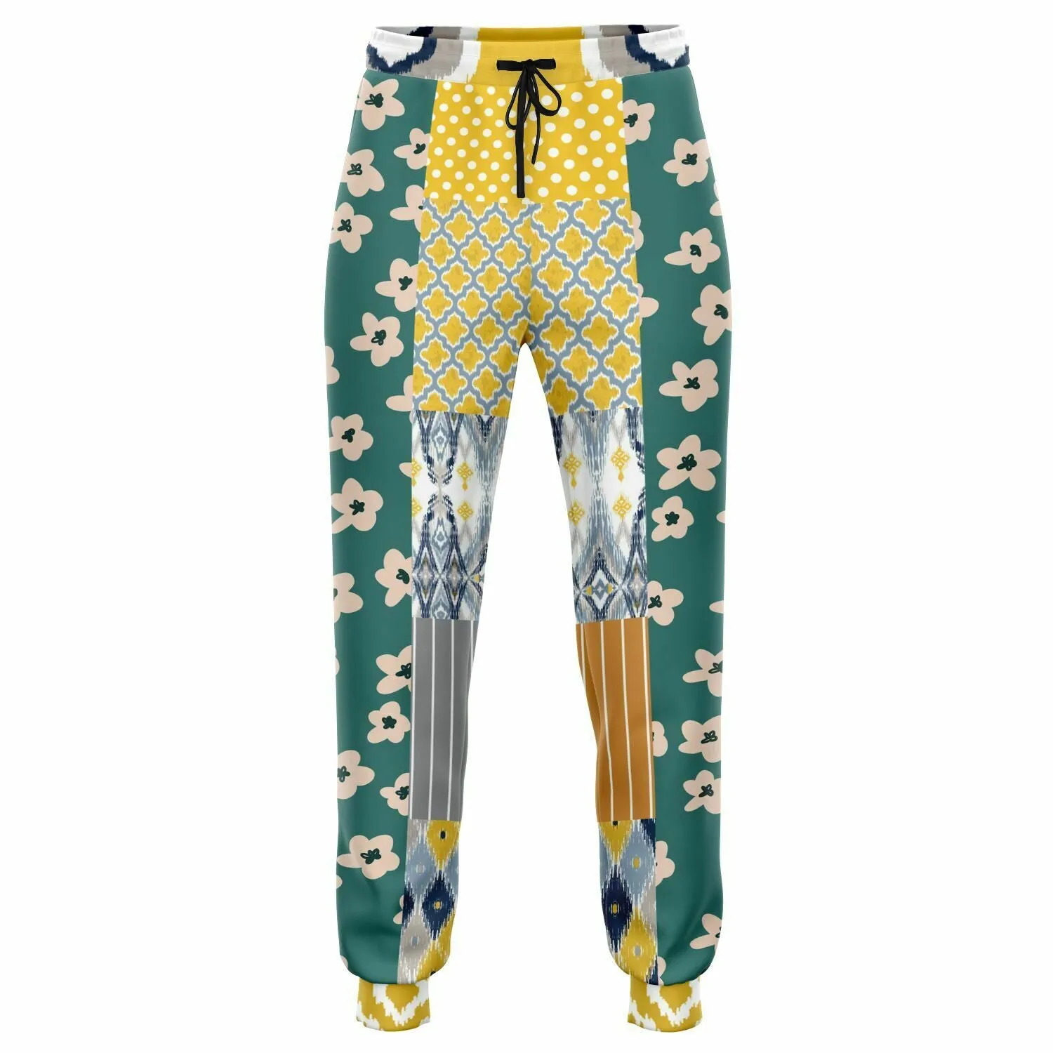 Tallulah Bankhead Yellow Ikat Patchwork Unisex Fleece Joggers